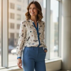 LOFT Cream Floral Blouse with Blue Trim